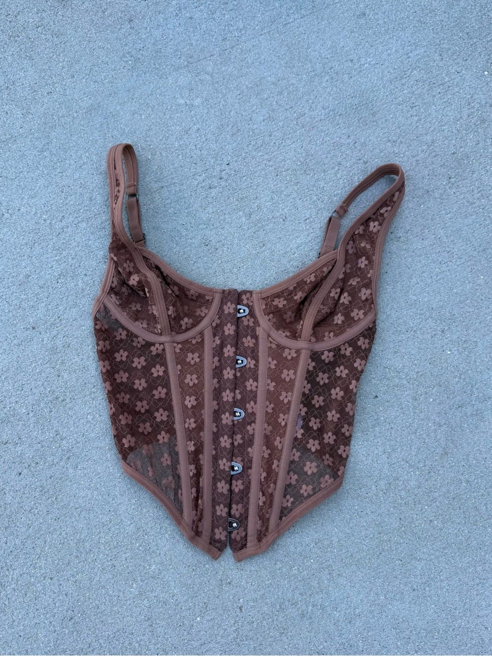 brown floral mesh corset top